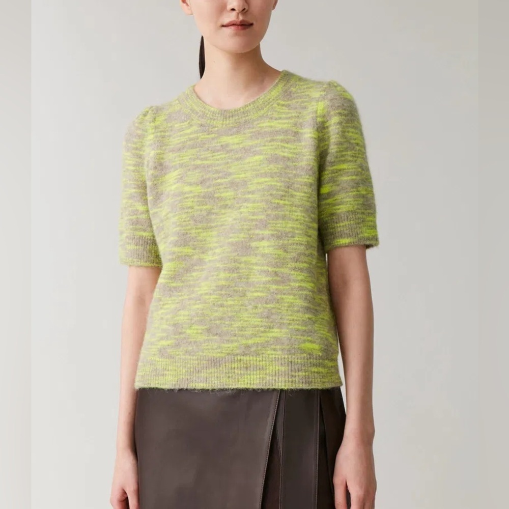 Cos Fuzzy Puff Sleeve Alpaca Merino Wool Top Sweater Small Short Sleeve Green